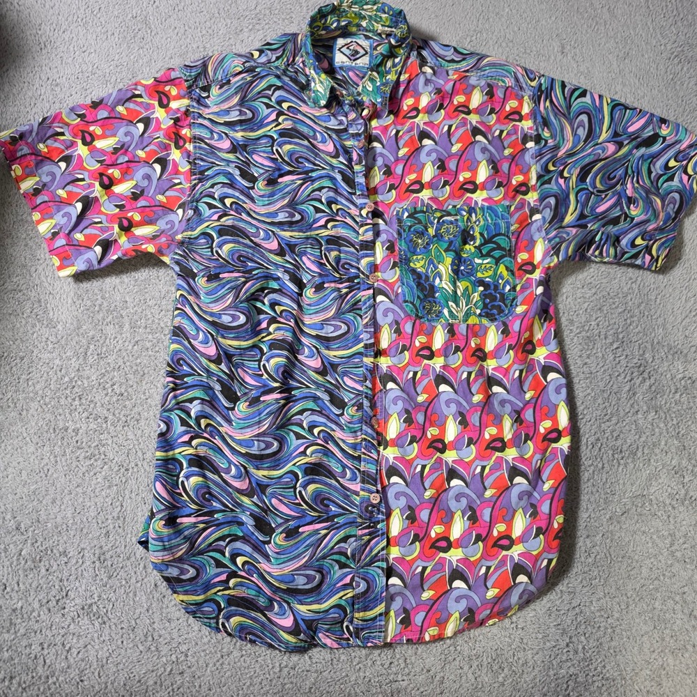 Santana Mens Large Button Down Shirt Multicolor Psychedelic Patchwork Cotton